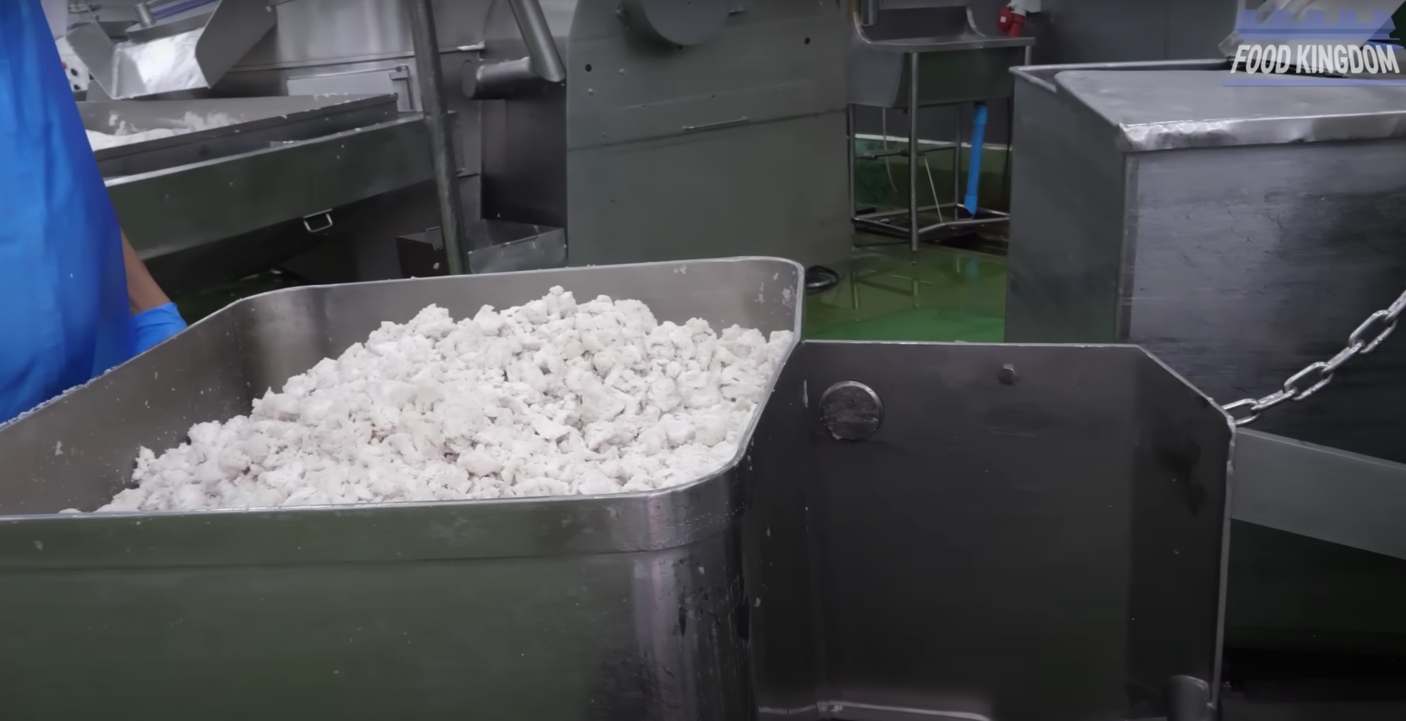Eine Wanne mit gefrorenem Fischfleisch, bereit für die Verarbeitung zu Krabbenstäbchen. | Youtube.com/Food Kingdom