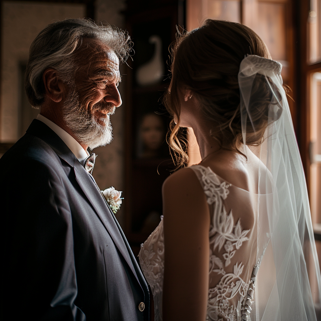 A proud father looking at his daughter dressed in her wedding gown | Source: Midjourney