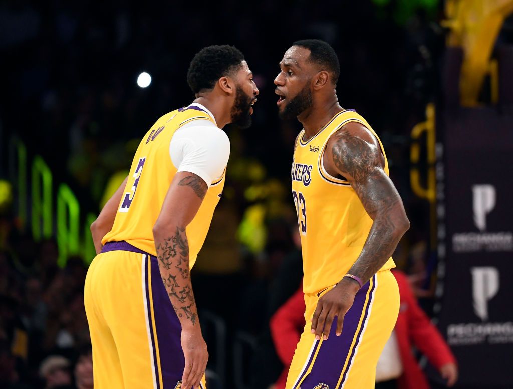 LeBron James #23 is congratulated by Anthony Davis #3 of the Los Angeles Lakers after scoring a basket against Memphis Grizzlies during the second half at Staples Center on October 29, 2019 in Los Angeles, California. | Source: Getty Images