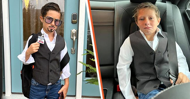 Evan dressed up as Tony Stark [left]; Evan in tears [right]. │Source: facebook.com/jill.struckman