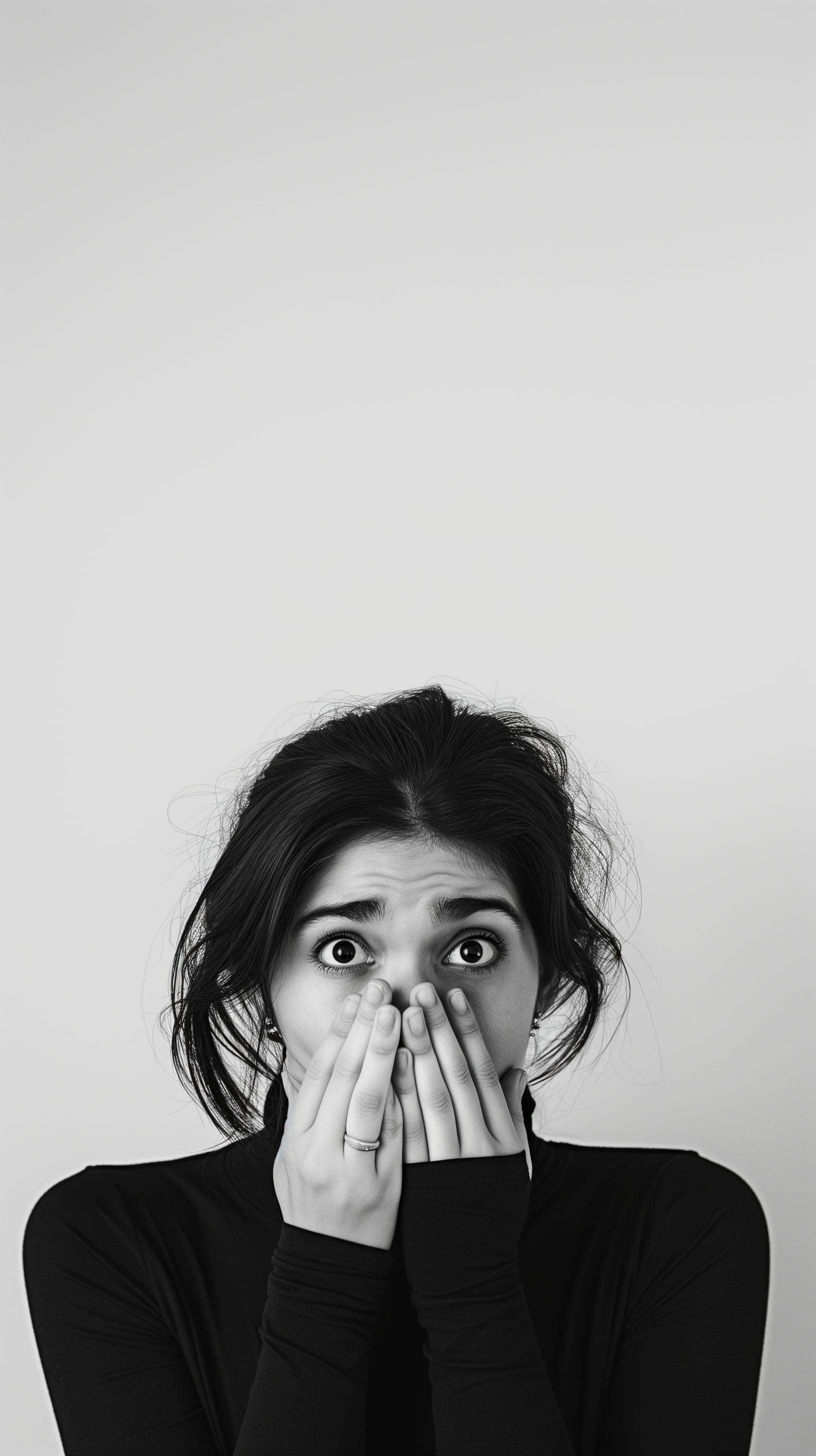 A nervous woman blocking her mouth | Source: Midjourney