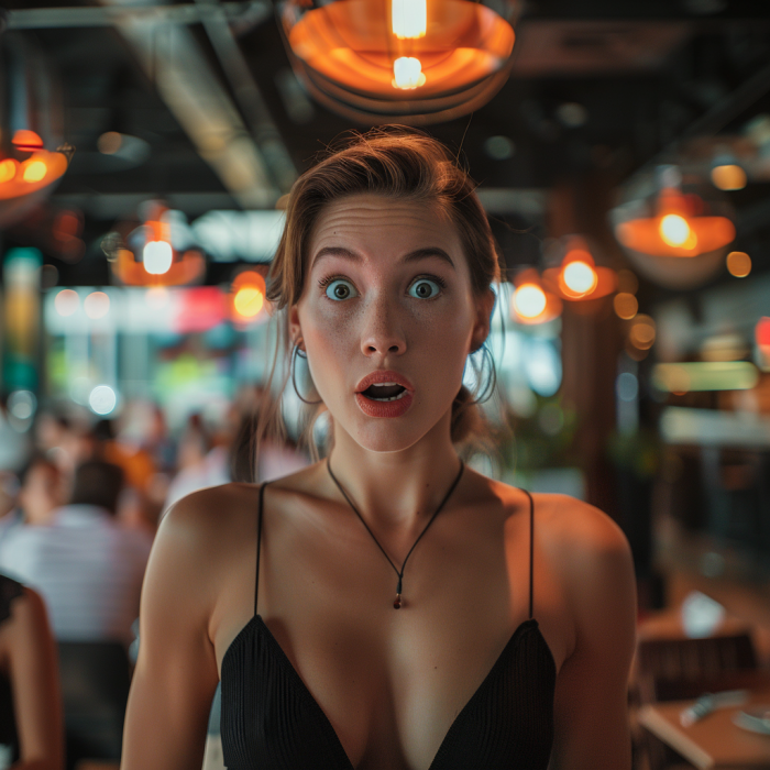 A shocked woman standing in a restaurant | Source: Midjourney