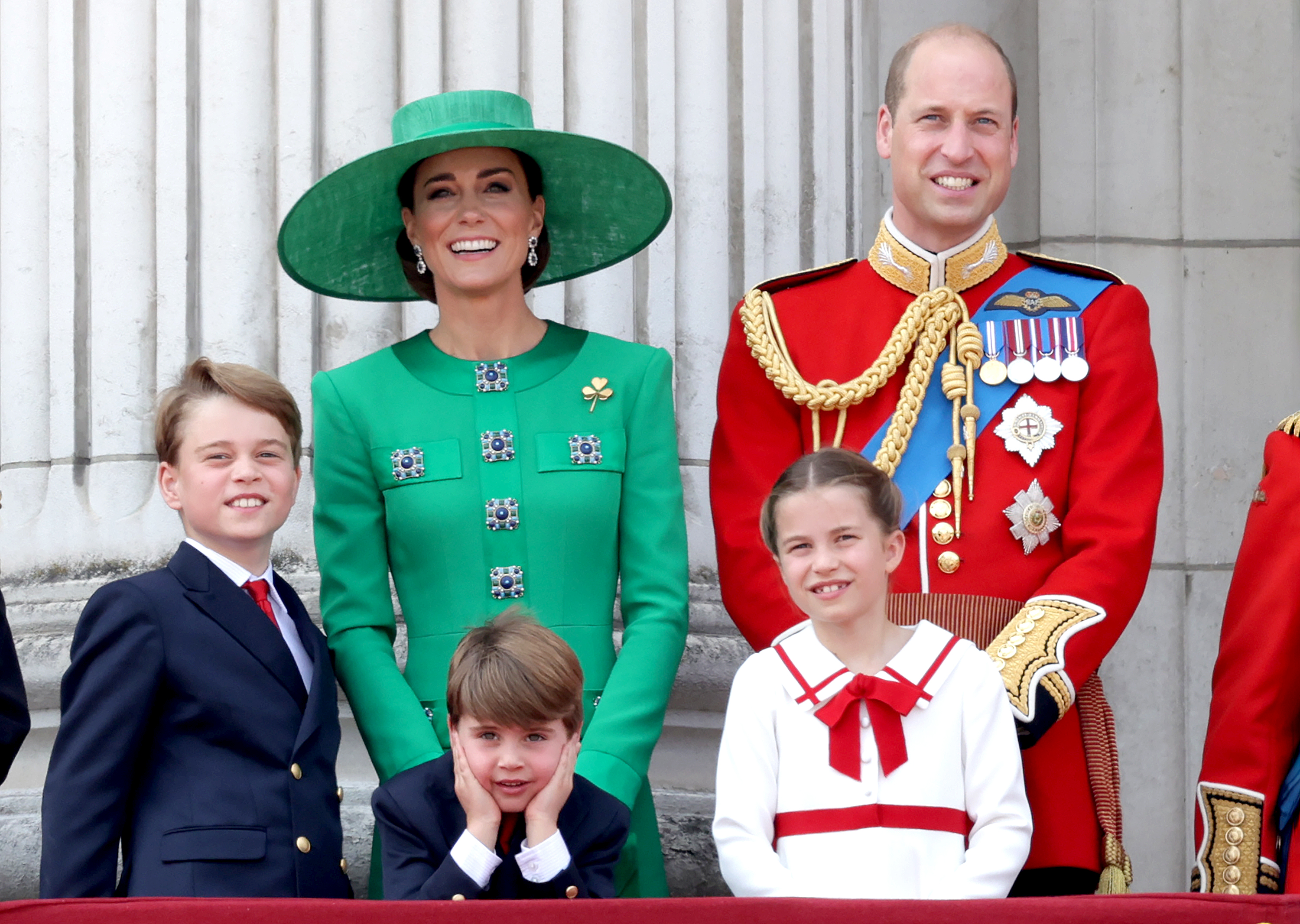 Prince William, Prince of Wales, Prince Louis of Wales, Catherine, Princess of Wales , Princess Charlotte of Wales and Prince George of Wales on the Buckingham Palace balcony during Trooping the Colour on June 17, 2023, in London, England | Source: Getty Images