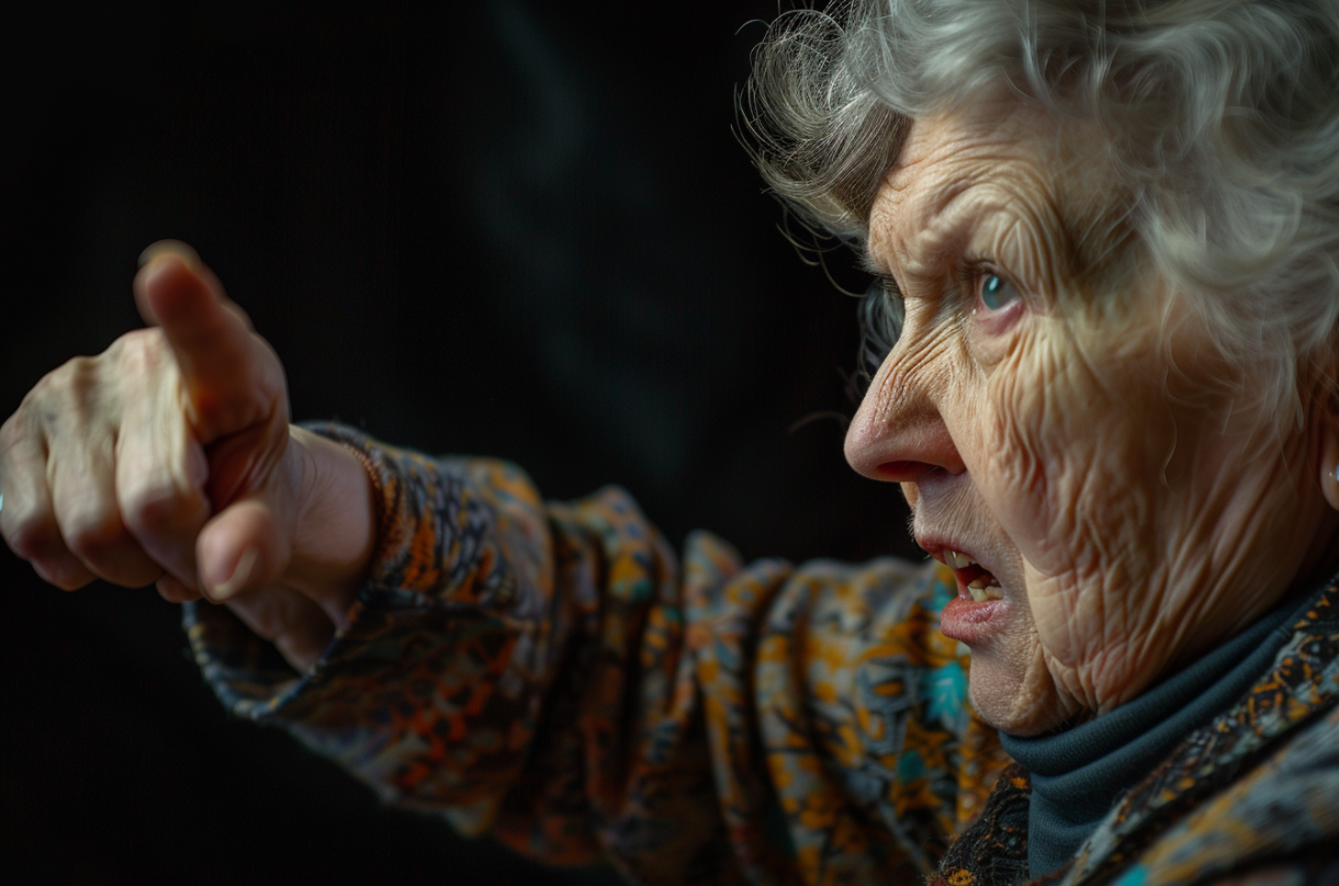 An angry older woman pointing her finger accusingly | Source: MidJourney