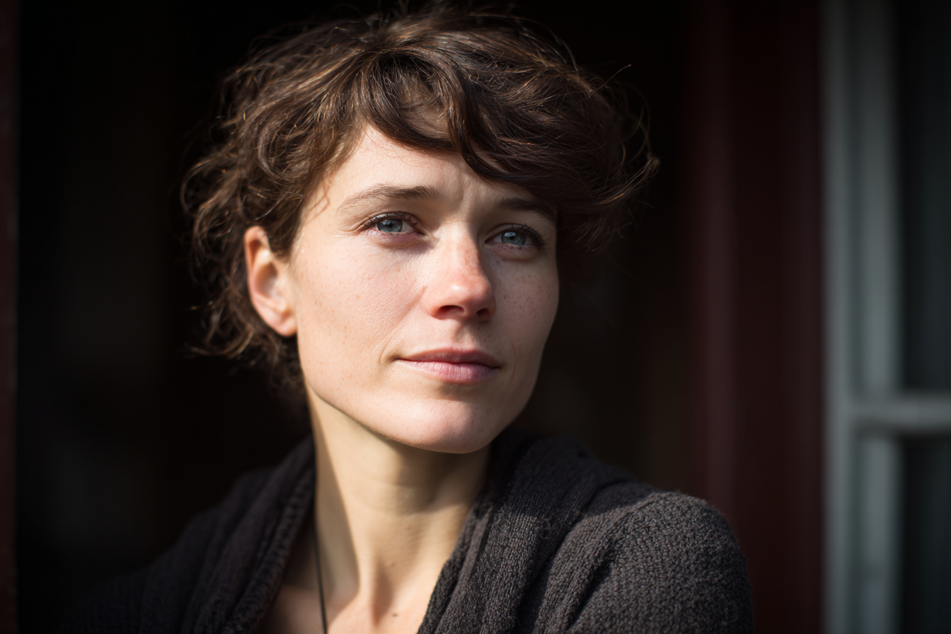 A woman standing outside her house | Source: Midjourney