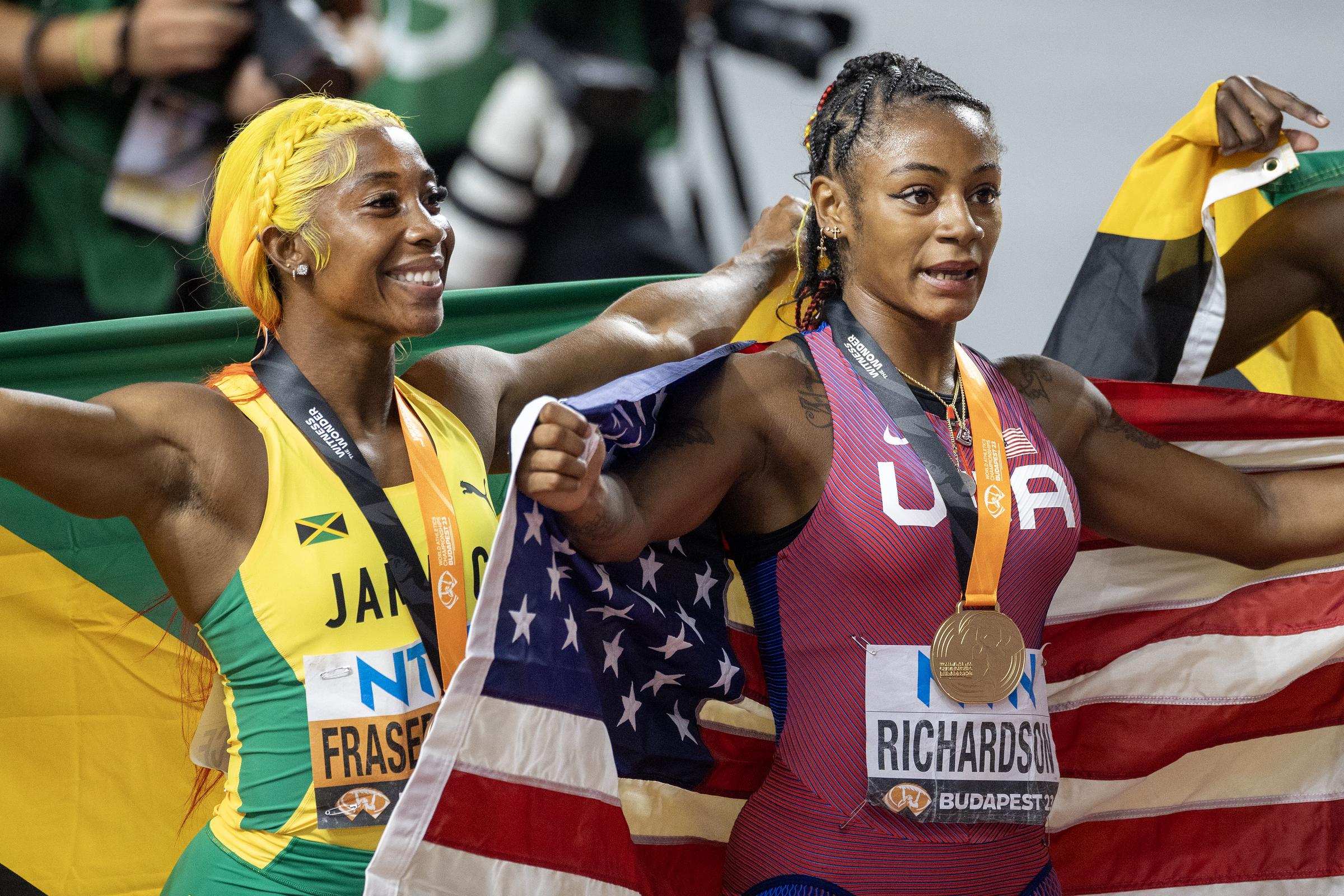 Sha'Carri Richardson and Shelly-Ann Fraser-Pryce at the World Athletics Championships in Budapest, Hungary on August 21, 2023 | Source: Getty Images