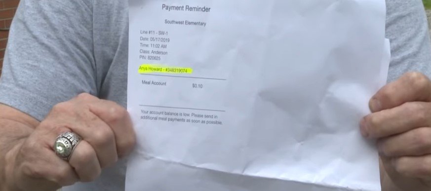 Anya's grandfather Dwight Howard displaying the school cafteria payment reminder document in an interview | Source: Youtube/ WISH-TV 