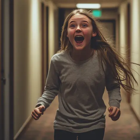 A teenage girl runs excitedly down a hallway, calling out to someone out of view | Source: Midjourney