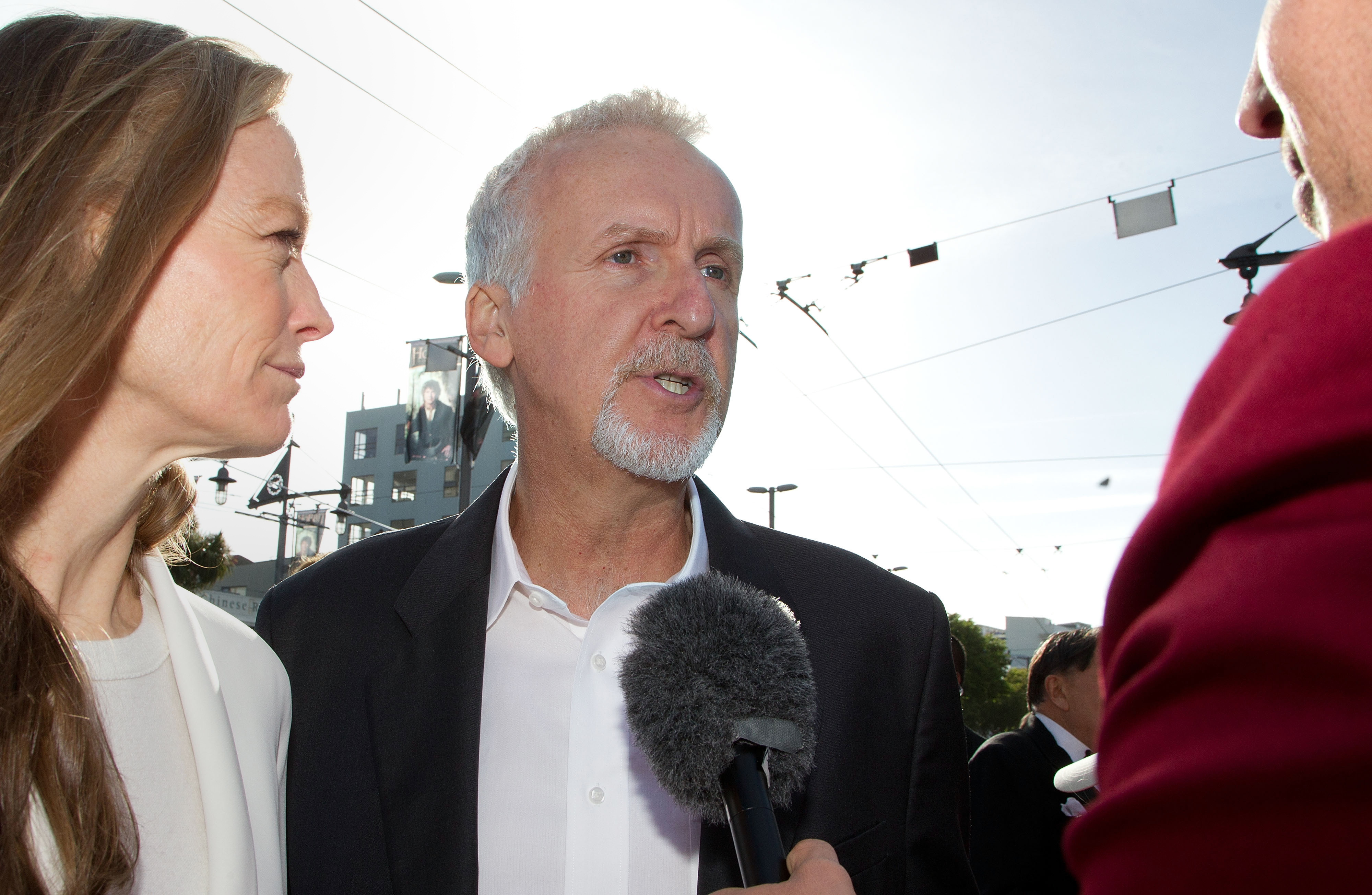 Director James Cameron (C) and Suzy Amis (L) at the world premiere of "The Hobbit" movie in Courtenay Place in Wellington, New Zealand on November 28, 2012. | Source: Getty Images