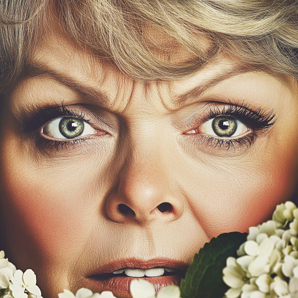 Close-up of a terrified woman hiding behind hydrangea bushes | Source: Midjourney