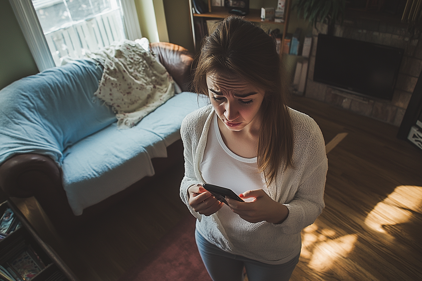 A worried woman holding her cell phone | Source: Midjourney