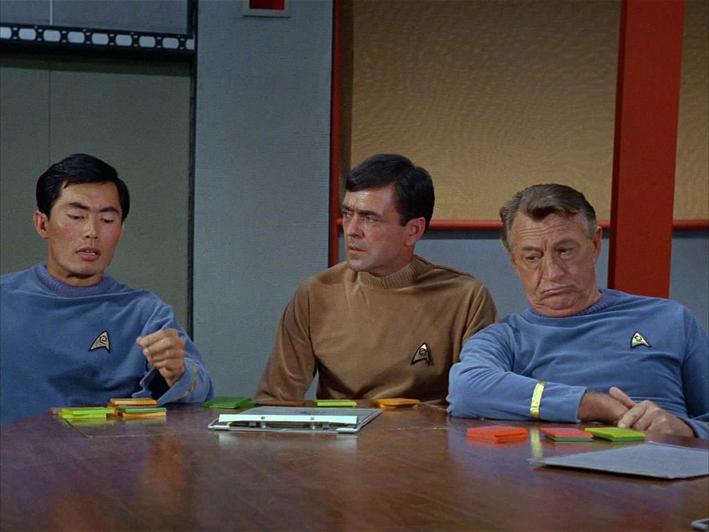 George Takei, James Doohan, and Paul Fix  in Season 1, Episode 3 of "Star Trek" episode, "Where No Man Has Gone Before." Original air date, September 22, 1966. Image is a frame grab.