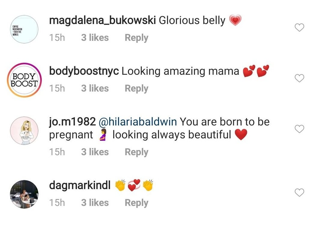 Followers comment on Hilaria Baldwin's pregnancy photo at almost 8 months on July 16, 2020. | Source: Instagram/hilariabaldwin.