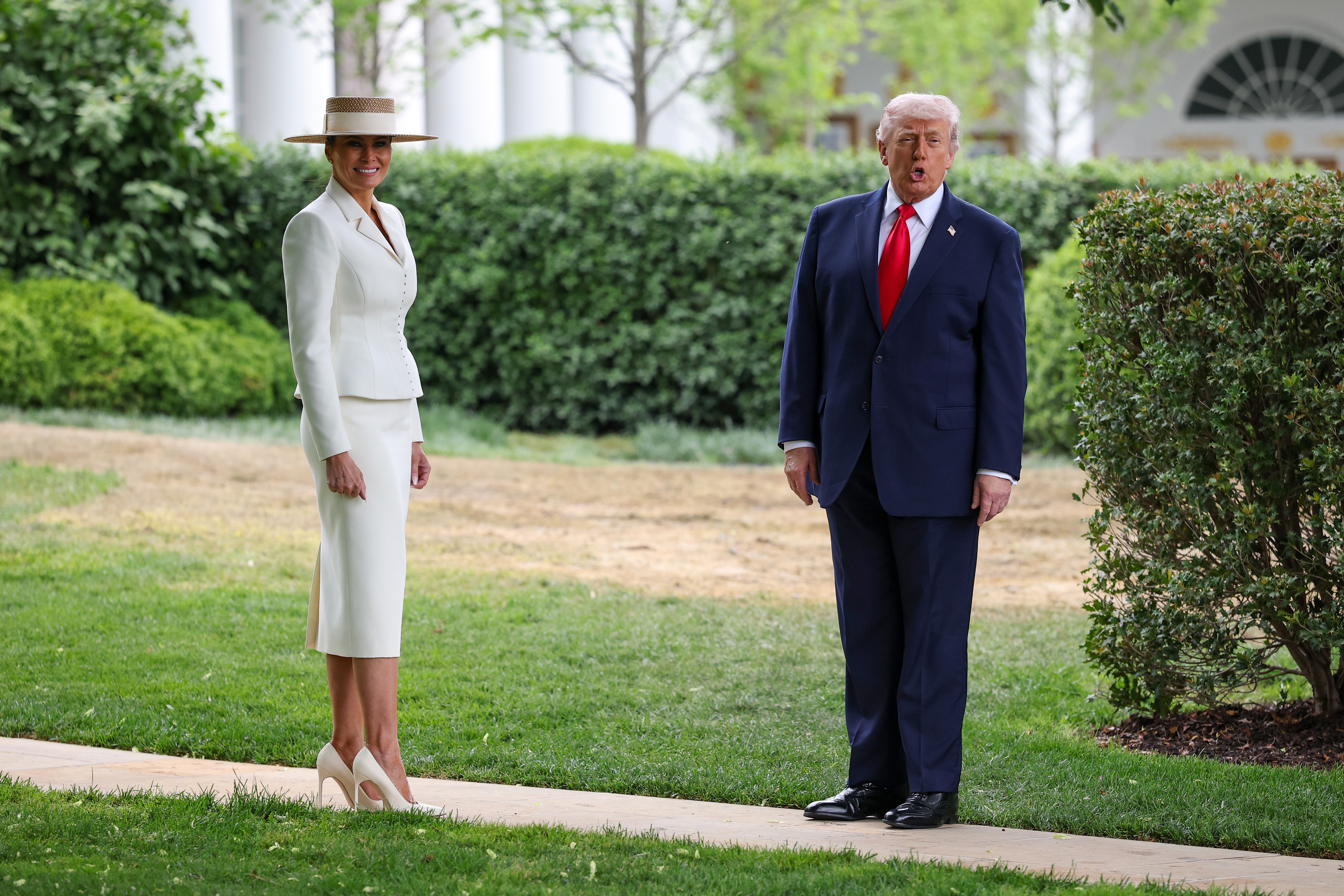 Melania Trump and Donald Trump say goodbye to King Charles III and Queen Camilla following a state arrival ceremony at the White House on April 28, 2026, in Washington, DC | Source: Getty Images