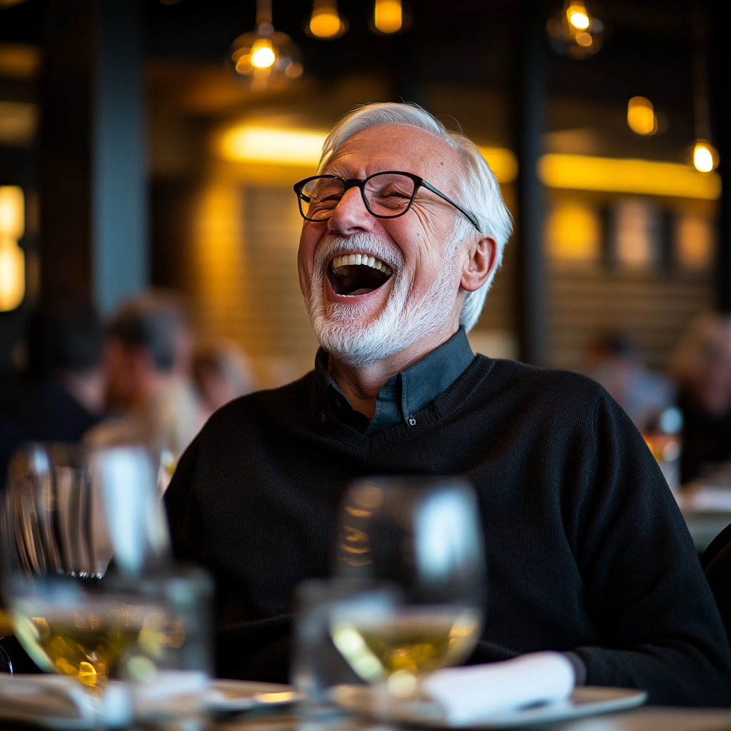 A senior man roars with laughter while sitting in an upscale restaurant | Source: Midjourney