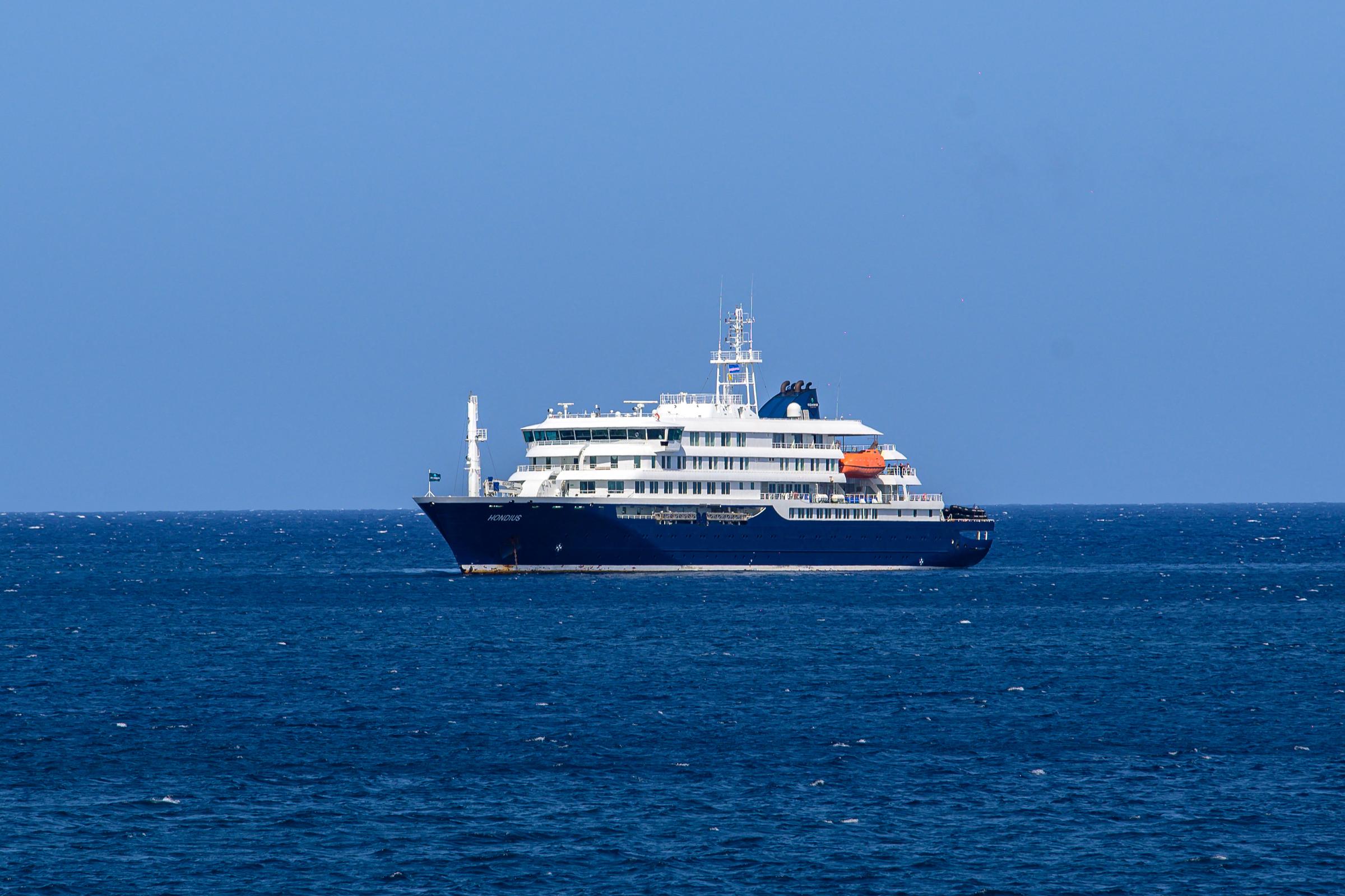 A general view of the cruise ship MV Hondius stationary off the port of Praia, the capital of Cape Verde, on 3 May 2026. | Source: Getty Images