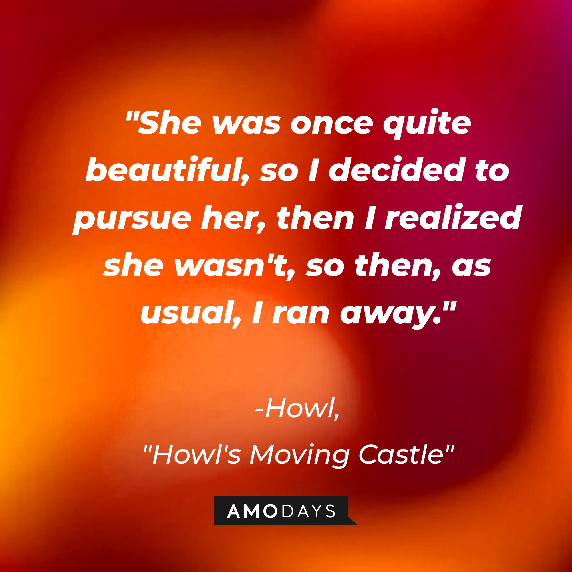 Howl's quote in "Howl's Moving Castle:" "She was once quite beautiful, so I decided to pursue her, then I realized she wasn't, so then, as usual, I ran away." | Source: AmoDays
