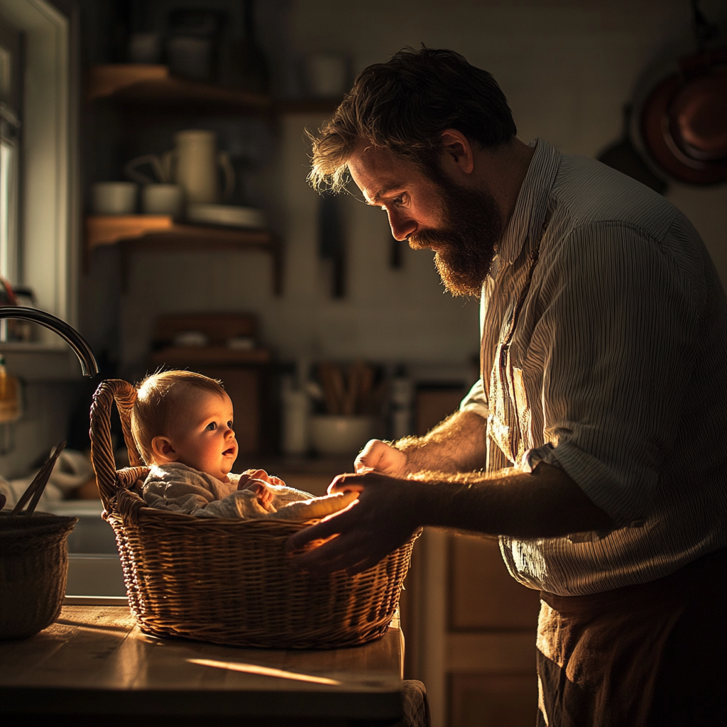 A man looking at a baby in the basket | Source: Midjourney