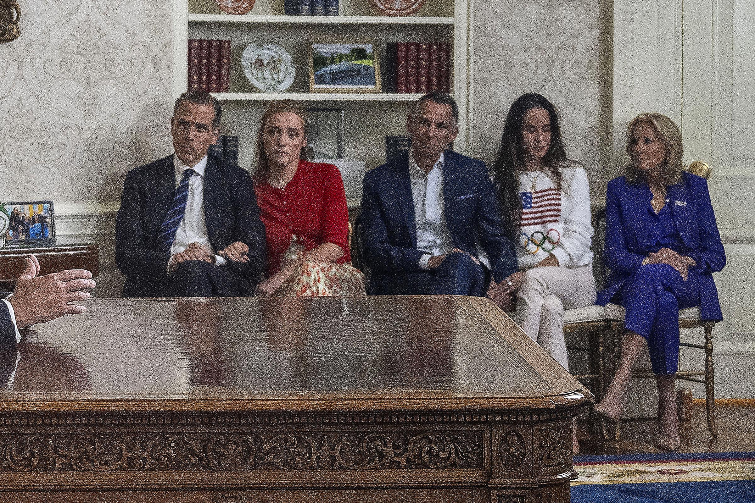 Joe Biden speaks during an address as his son Hunter, Hunter's daughter Finnegan, Ashley Biden's husband Howard Krein, Biden's daughter Ashley Biden, and Jill Biden listen, in the Oval Office at the White House in Washington, D.C., on July 24, 2024. | Source: Getty Images
