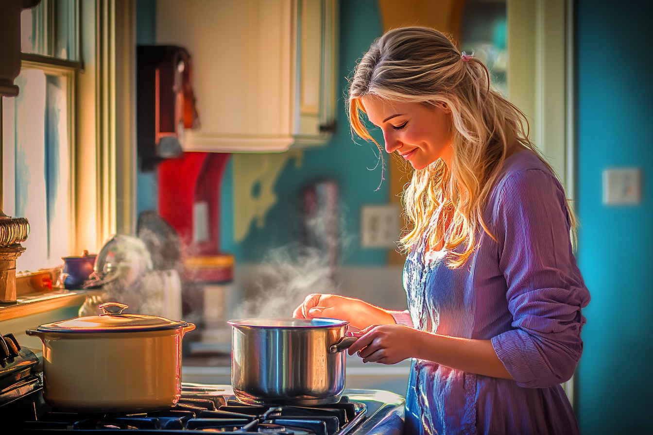 A woman smiling while cooking | Source: Midjourney