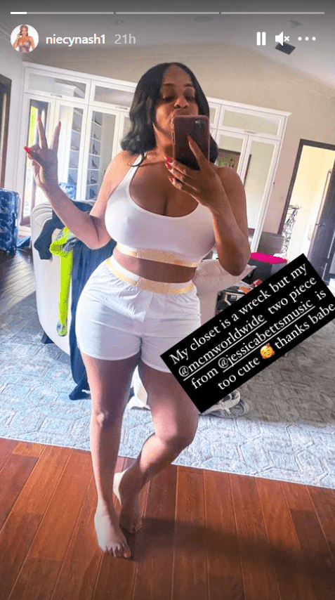 Screenshot of photo of Denise "Niecy" Nash posing in a white two-piece outfit.|Source: Instagram/niecynash1