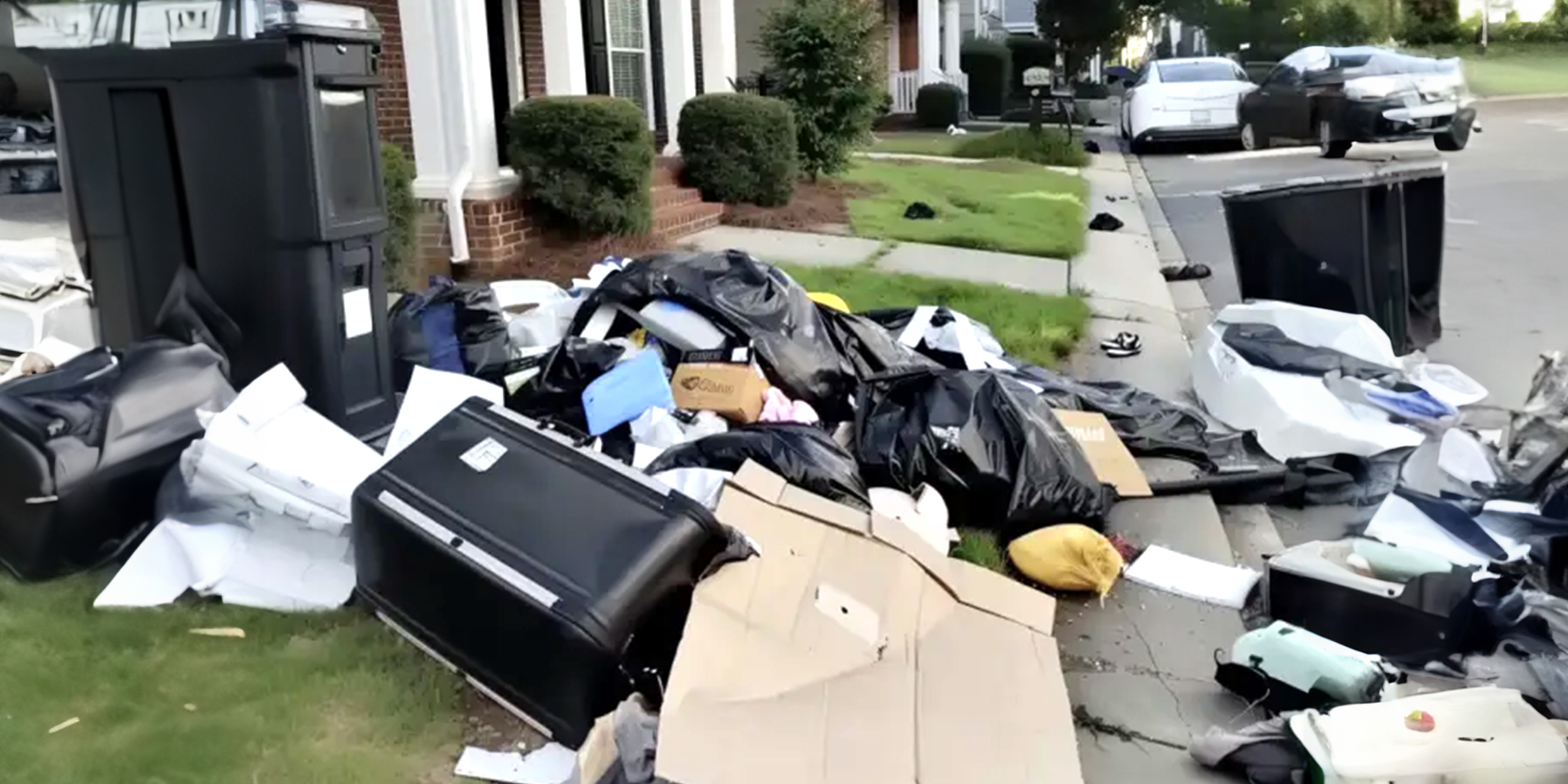 A front yard covered with boxes and trash bags | Source: 