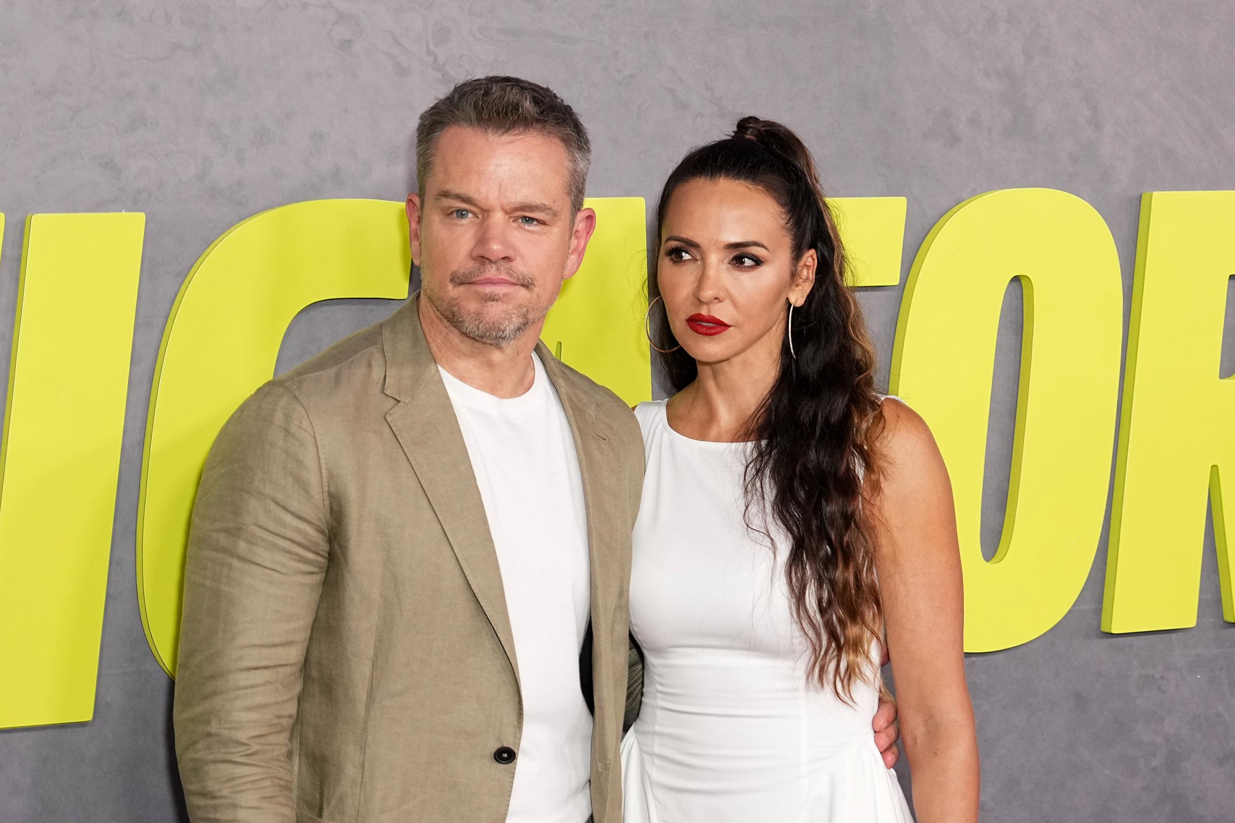 Matt Damon and Luciana Barroso at "The Instigators" New York Premiere at Jazz at Lincoln Center on July 31, 2024, in New York City. | Source: Getty Images