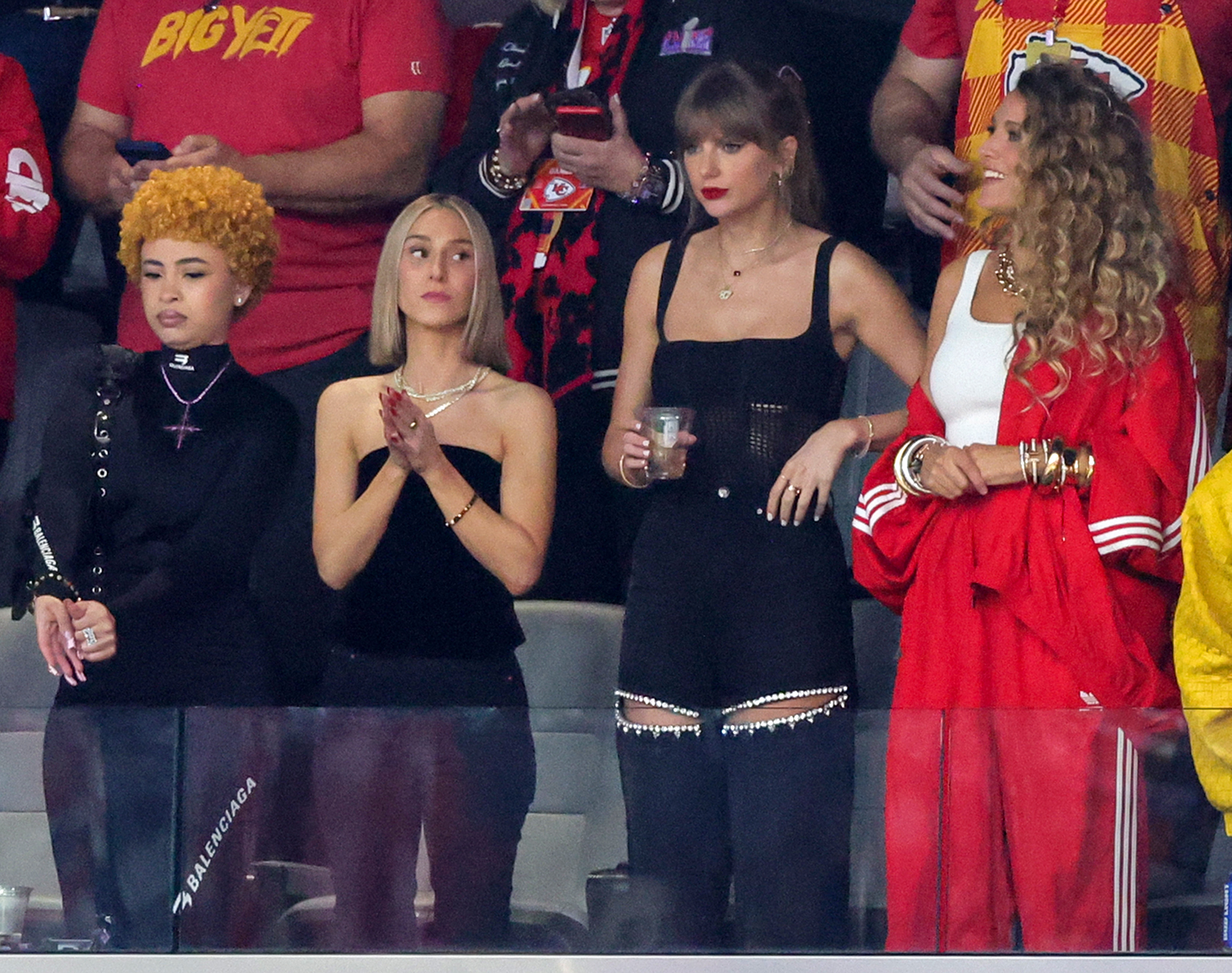 Ice Spice, Ashley Avignone, Taylor Swift, and Blake Lively at the Super Bowl LVIII at Allegiant Stadium on February 11, 2024, in Las Vegas, Nevada. | Source: Getty Images