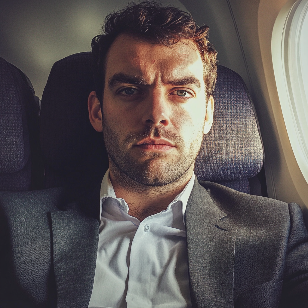 An unimpressed man sitting in an airplane | Source: Midjourney