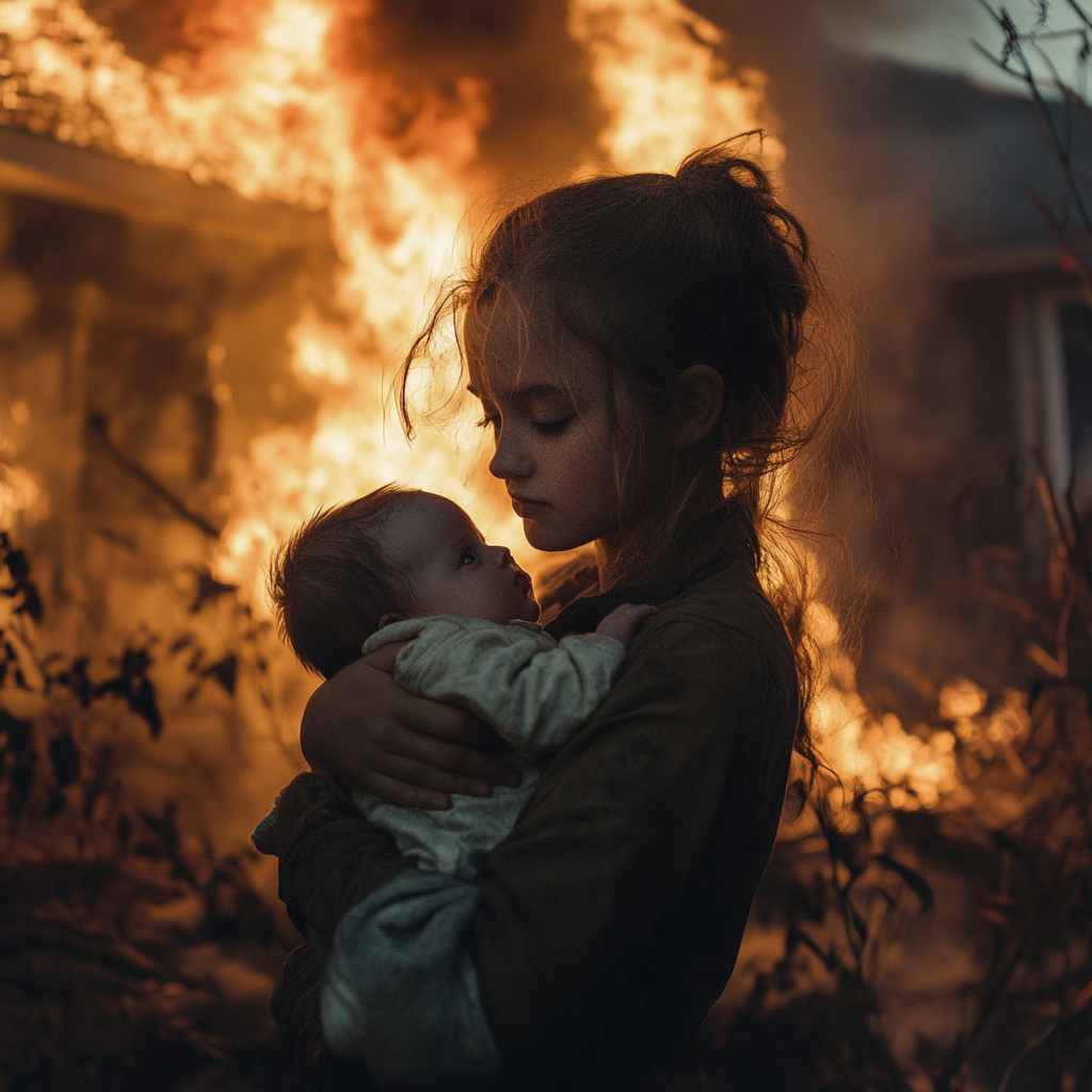 Young girl rescuing a baby from a house on fire | Source: Midjourney