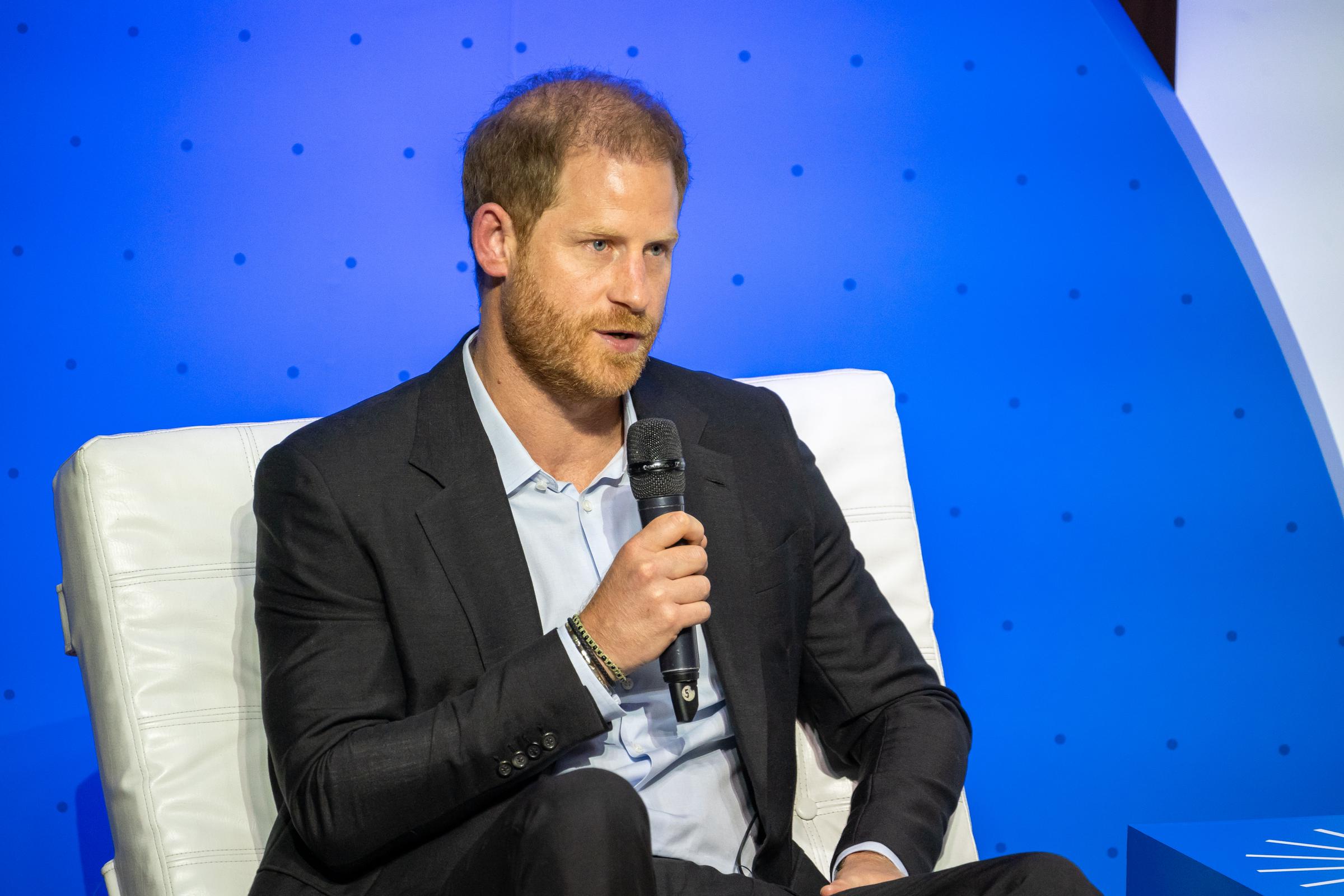 Prince Harry speaks onstage about digital responsibility at EAN University on August 15, 2024, in Colombia. | Source: Getty Images