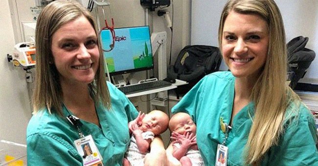 Die eineiigen Zwillingsschwestern und Krankenschwestern Tara Drinkard und Tori Howard halten eineiige Zwillingsbabys Addison Williams und Emma Williams. | Quelle: Twitter.com/InsideEdition