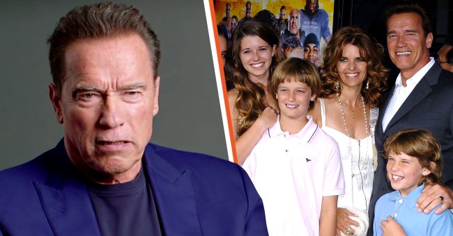 Arnold Schwarzenegger during an interview with GQ in 2019. [Left] Arnold Schwarzenegger and his family at "The Longest Yard" premiere in Los Angeles. | Photo: Getty Images & youtube.com/GQ