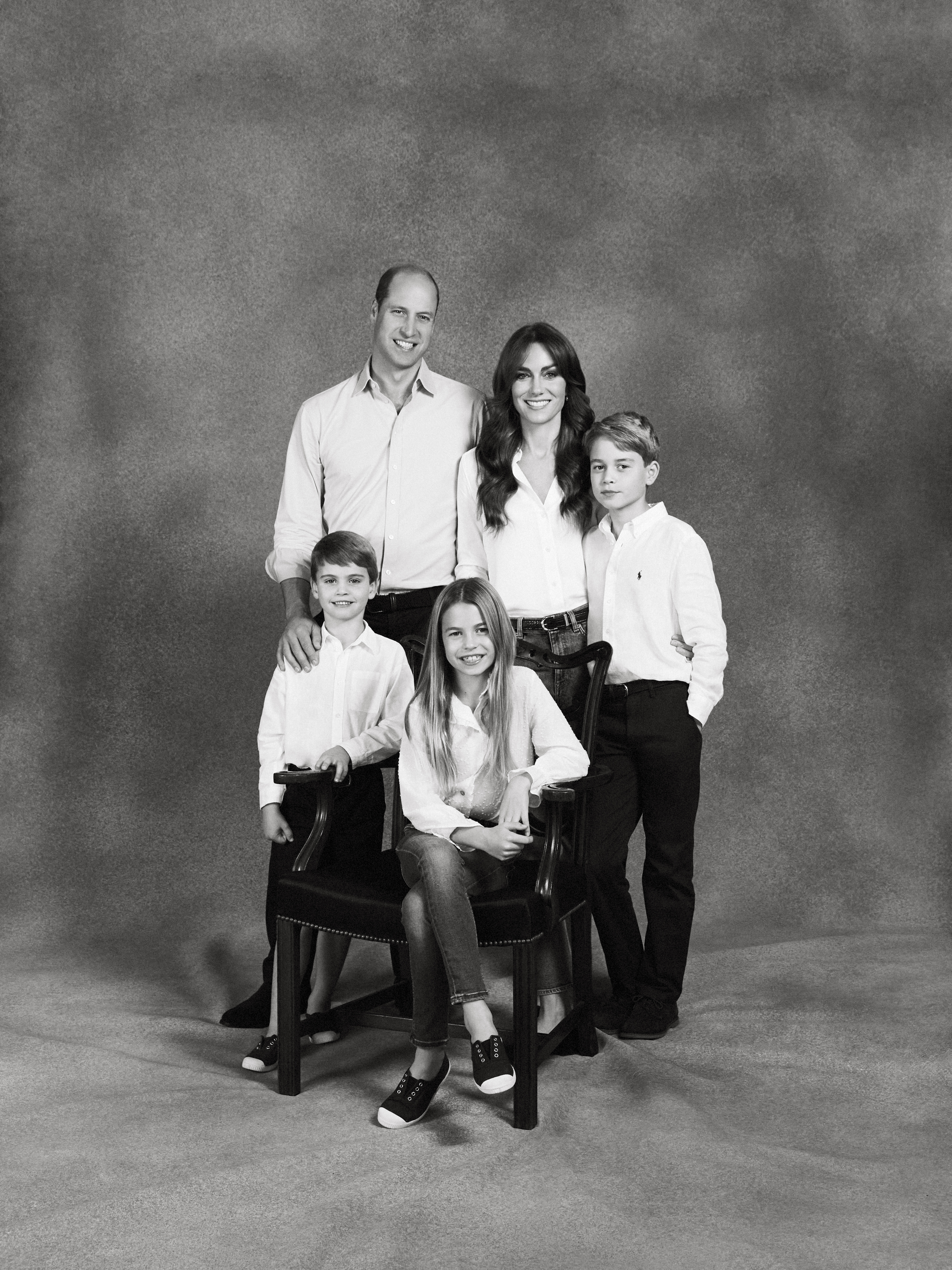 Prince William, Prince of Wales and Catherine, Princess of Wales pose with their three children Prince George, Princess Charlotte and Prince Louis in December 2023 | Source: Getty Images