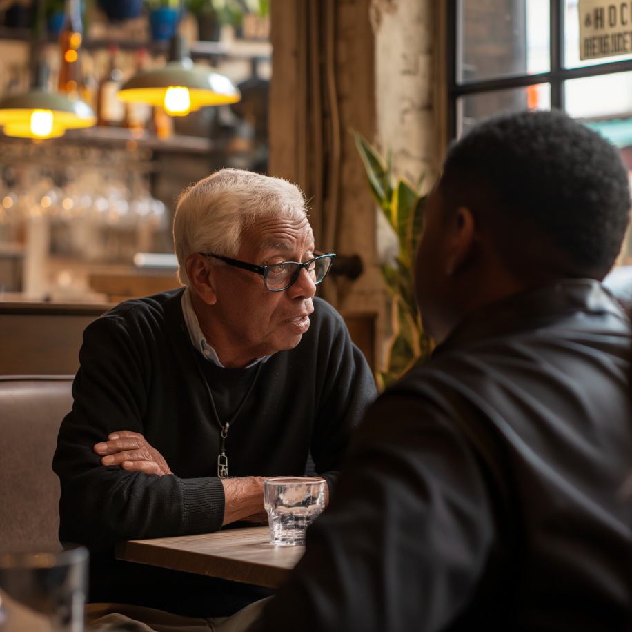 An elderly man talks to a black guy in a restaurant | Source: Midjourney