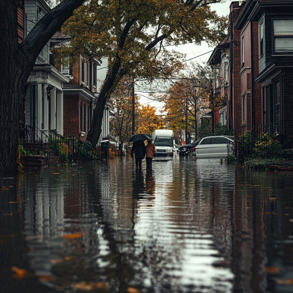 A neighborhood flooded with rainwater | Source: Midjourney