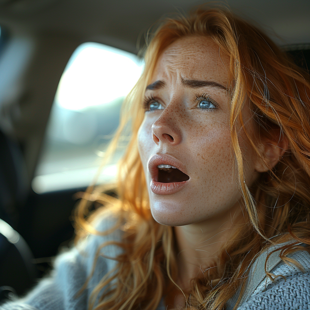 Worried woman with her mouth open on the passenger seat | Source: Midjourney