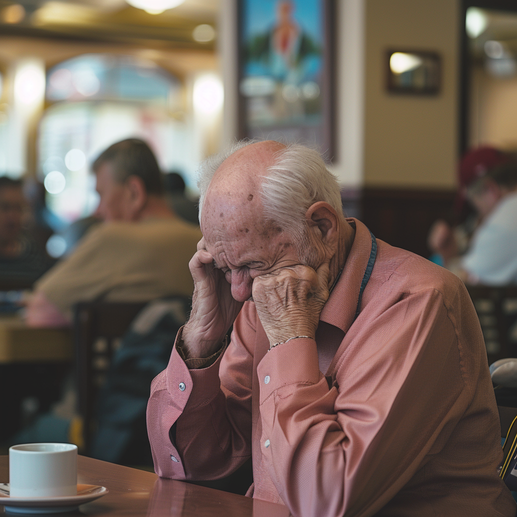 An elderly man crying while sitting in a nursing home café | Source: Midjourney