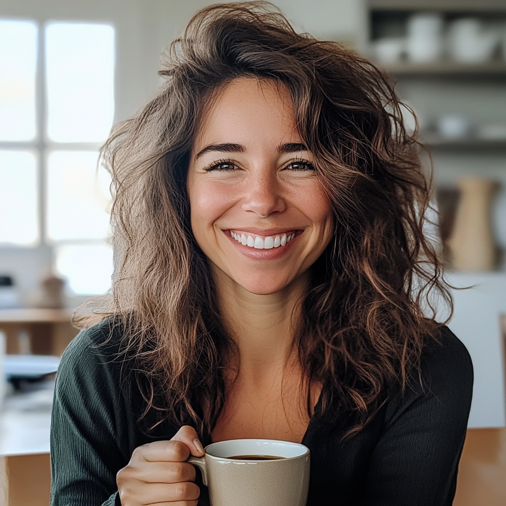 A woman holding a cup of coffee | Source: Midjourney