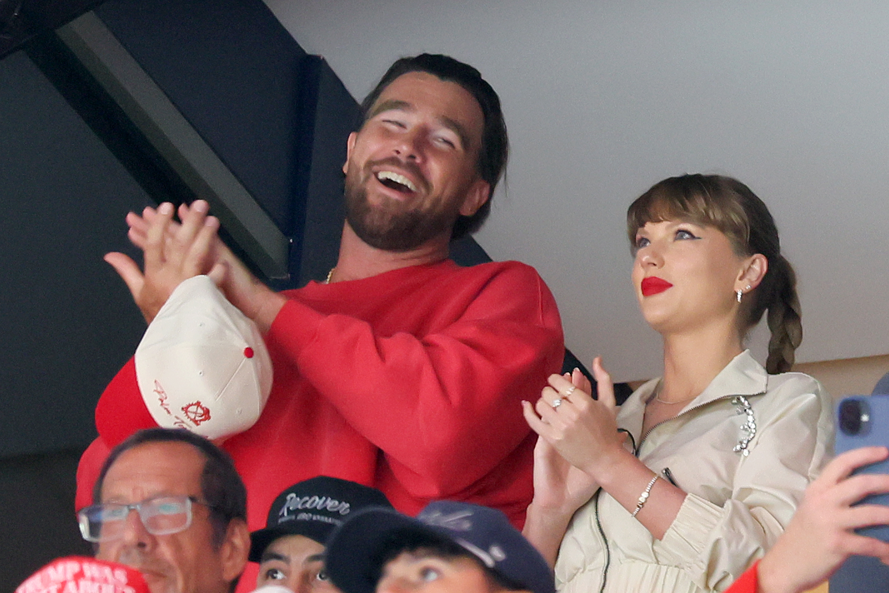 Travis Kelce, and Taylor Swift during Game 4 of the 2025 Stanley Cup Final at Amerant Bank Arena on June 12, 2025, in Sunrise, Florida | Source: Getty Images