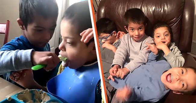 [Left] Simon Clark feeding his brother; [Right] Simon Clark and his three brothers playing. | Source: facebook.com/StorytrenderOfficial