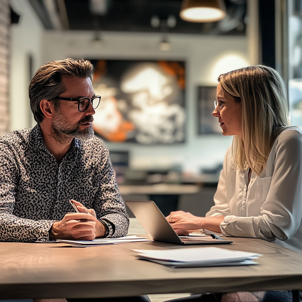 A man and a woman having a meeting | Source: Midjourney