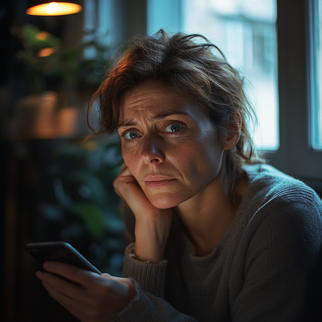 An agitated woman holding her phone while thinking | Source: Midjourney