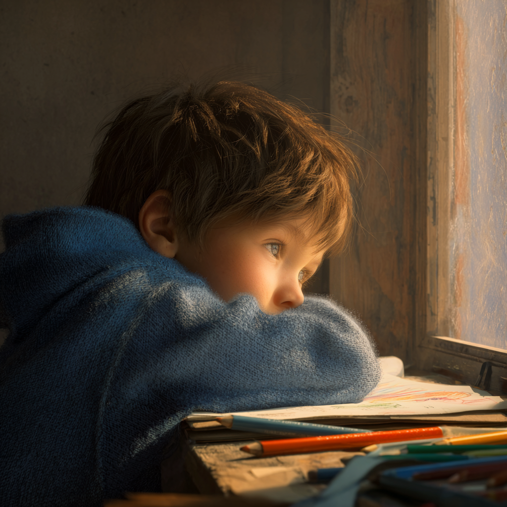 A sad little boy sitting by the window | Source: Midjourney