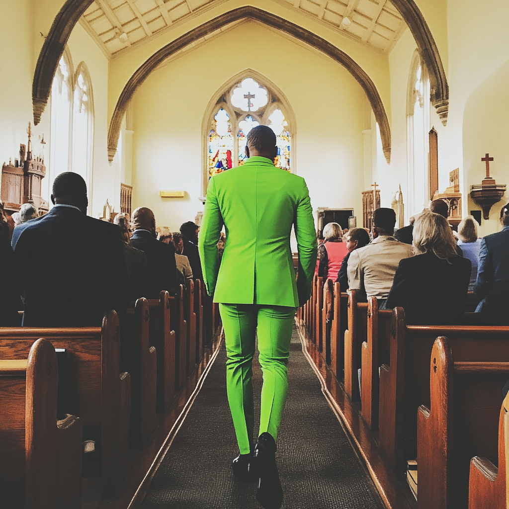 A man wearing a bright green suit | Source: Midjourney