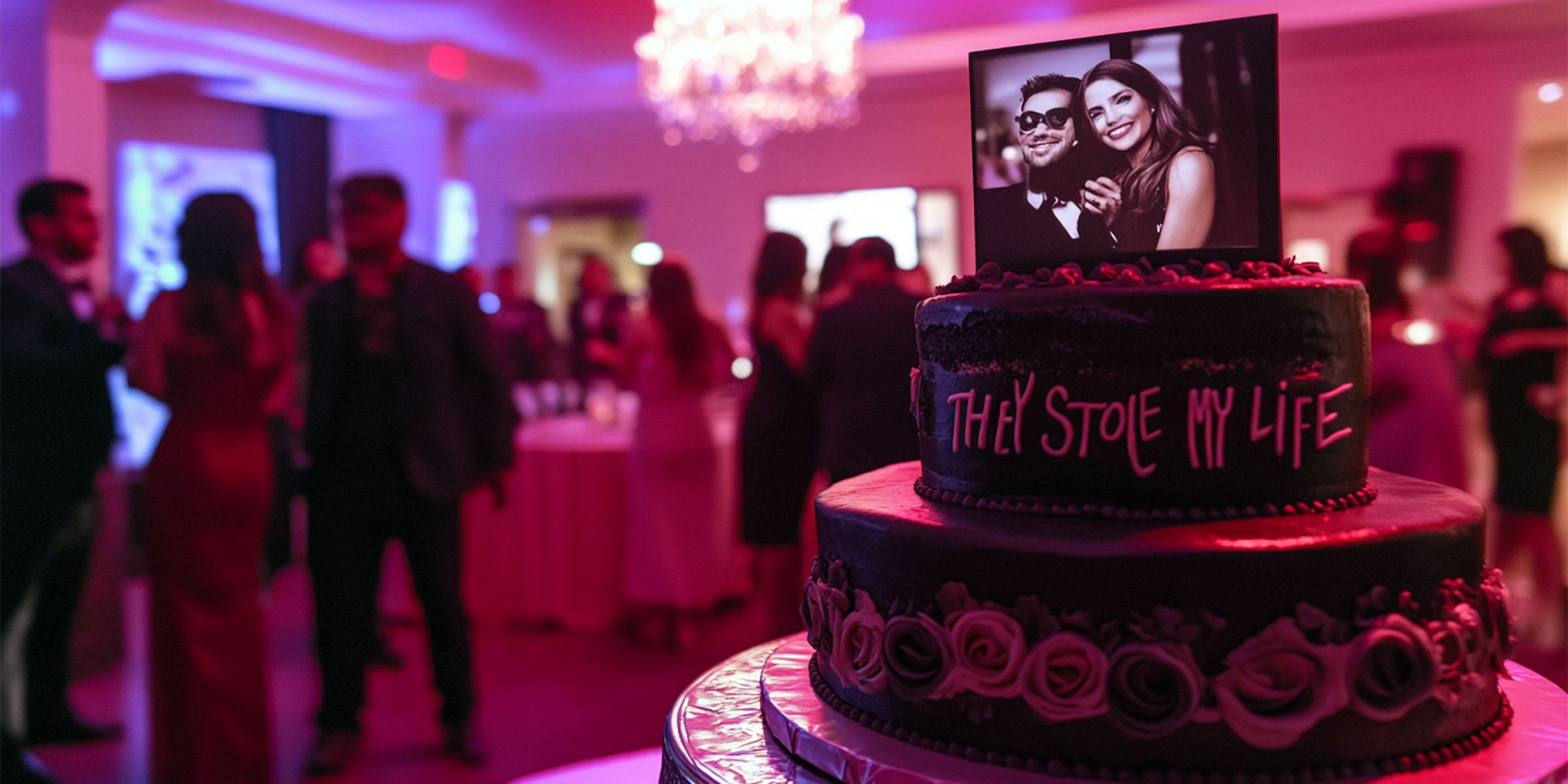 Black cake with a couple photo and words "THEY STOLE MY LIFE" | Source: Midjourney