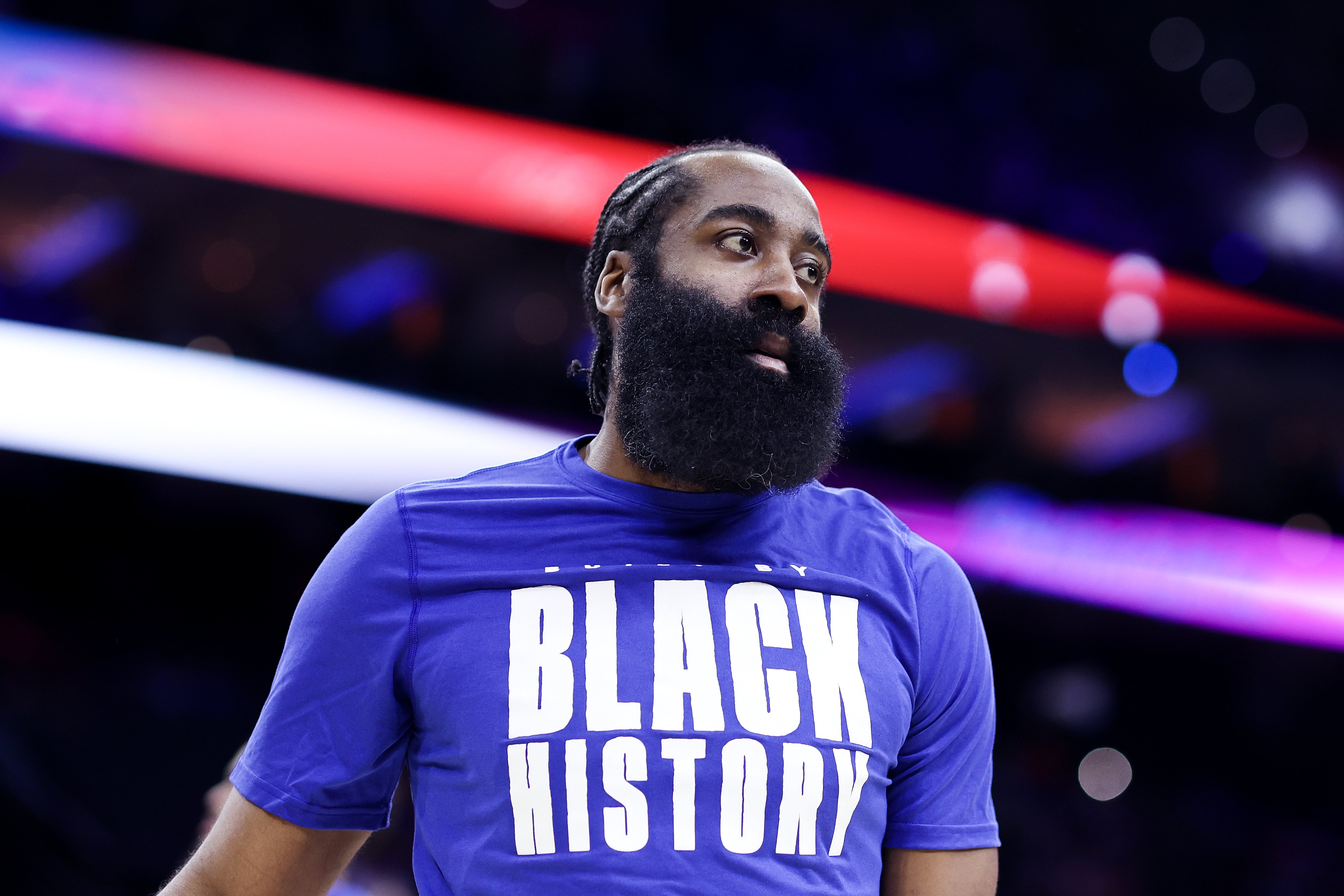 James Harden warming up before he takes the field for Philadelphia 76ers at Wells Fargo Center in Philadelphia, Pennsylvania, on February 01, 2023. | Source: Getty Images