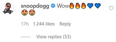 A screenshot of Snoop Dogg’s comment on Shante Broadus’ Instagram post | Source: Getty Images/GlobalImagesUkraine