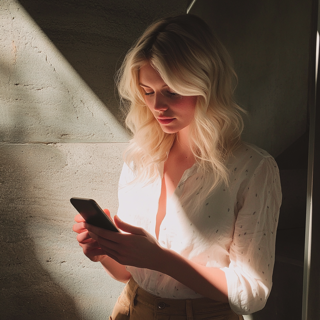 A woman using her phone | Source: Midjourney