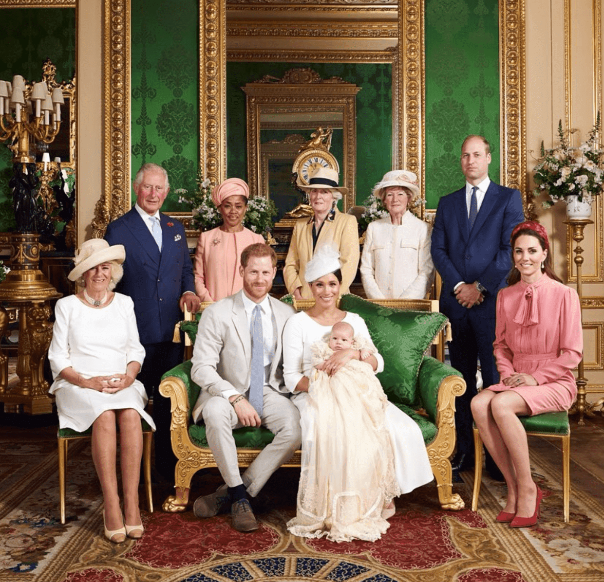 From left to right: The Duchess of Cornwall, The Prince of Wales, Ms Doria Ragland, Lady Jane Fellowes, Lady Sarah McCorquodale, The Duke of Cambridge and The Duchess of Cambridge. The Duke and Duchess of Sussex are the the centre with Archie. | Source: Instagram/SusseRoyal